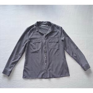 Vertical Striped Collared Adjustable Sleeve Blouse